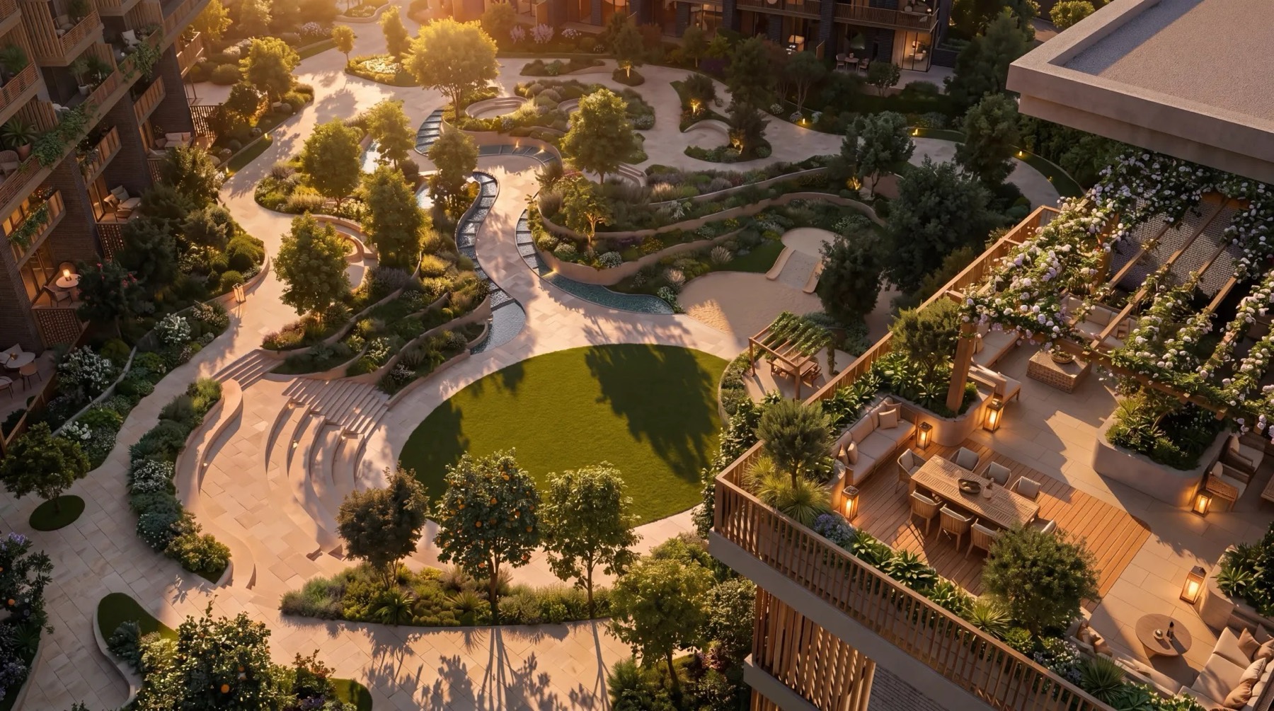 Landscaped gardens at Arancia at The Yards