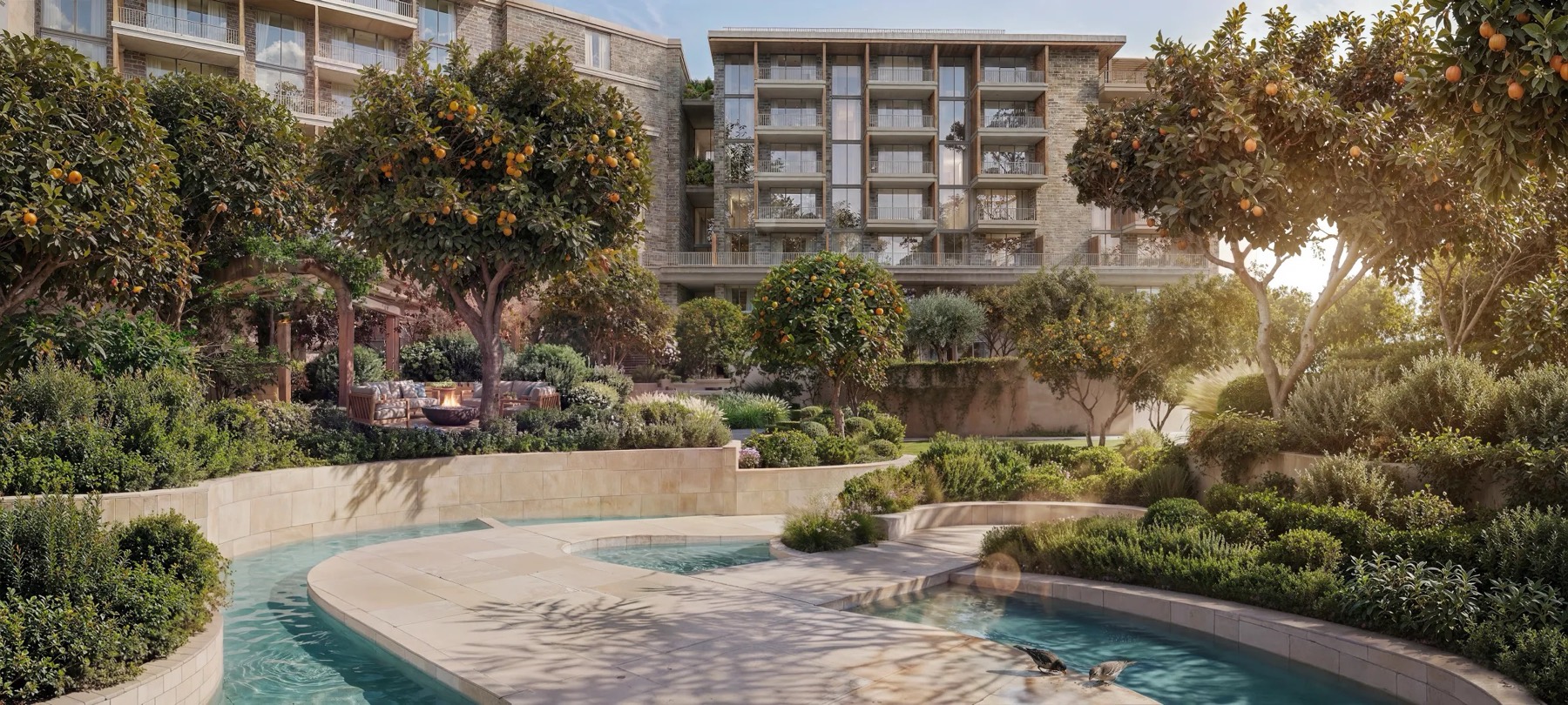 Cascading water feature in the Arancia courtyard
