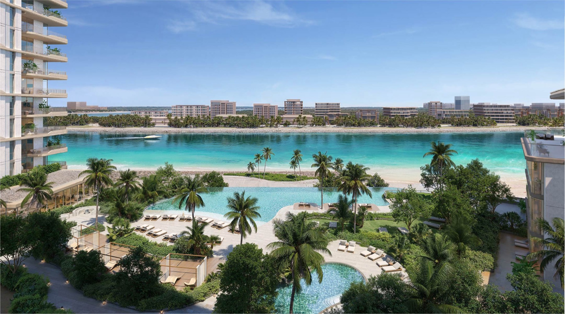 Family pool and beach at Bay Grove Residences