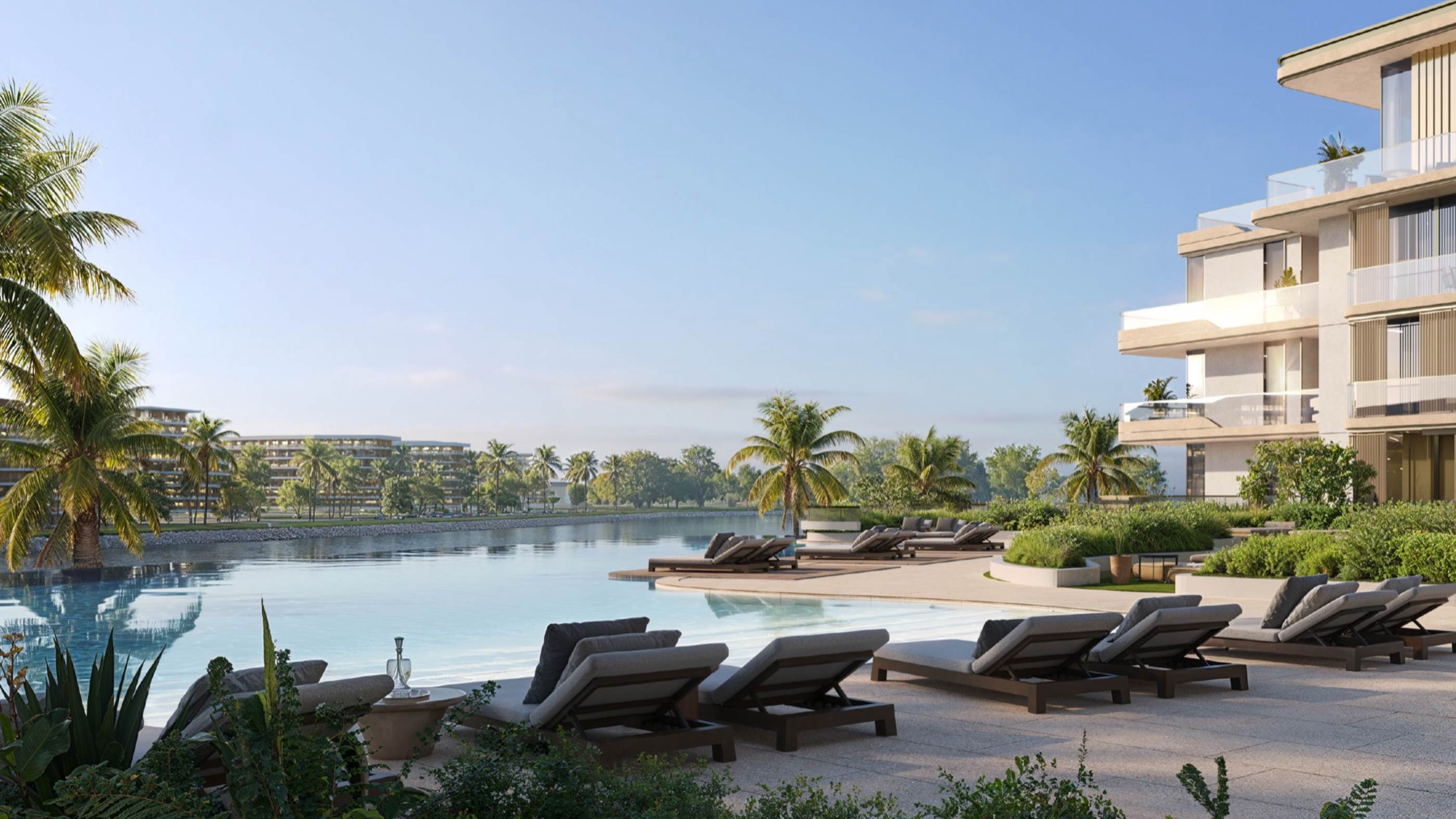 Bay Grove Residences beachfront pool and waterfront apartments at Dubai Islands by Nakheel