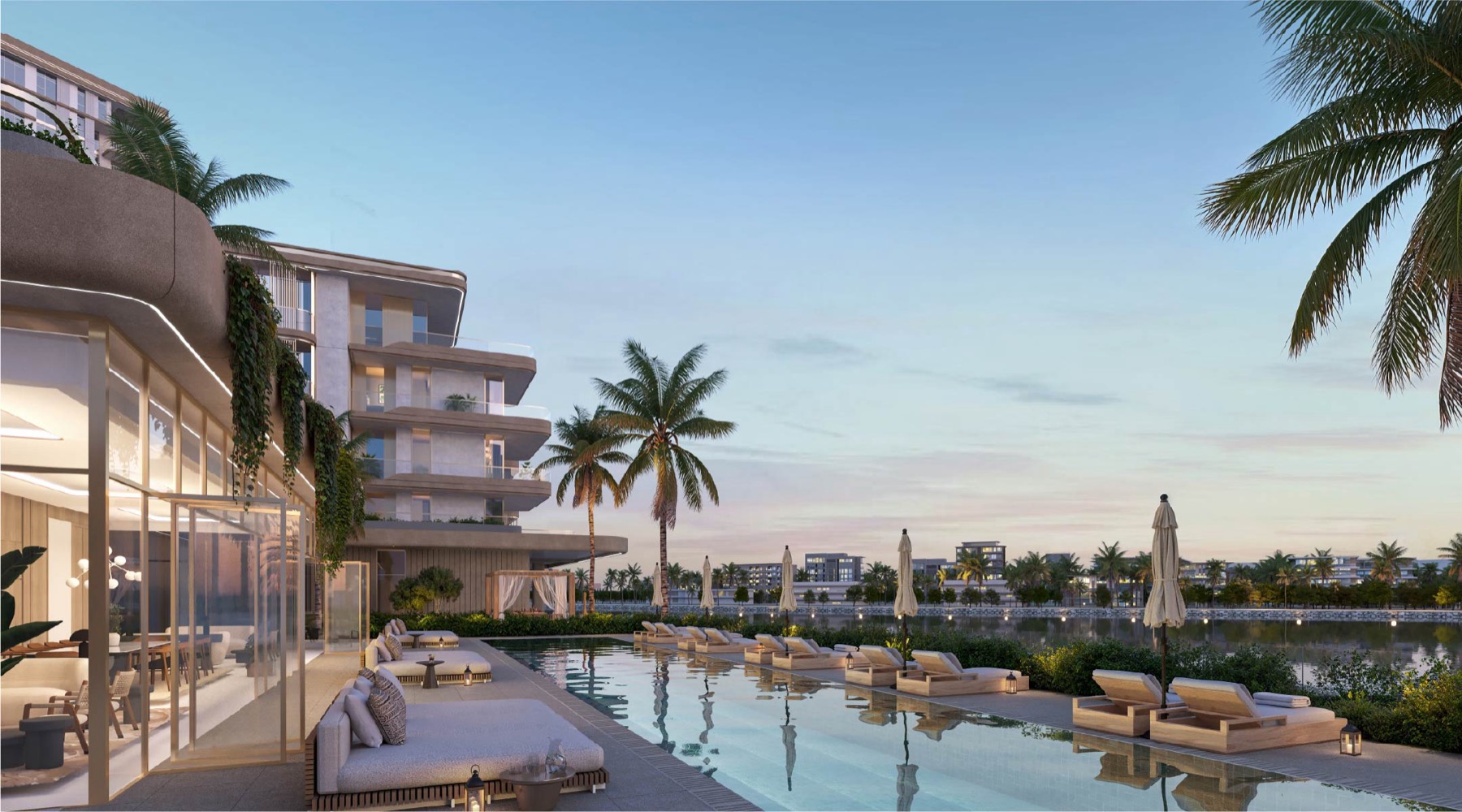 Infinity pool over the water at Bay Grove Residences, Dubai Islands
