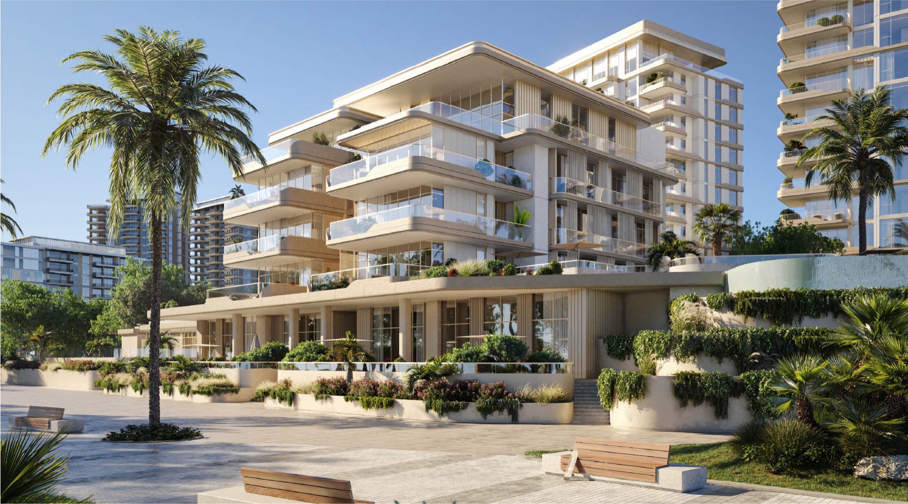 Landscaped waterfront promenade at Bay Grove Residences