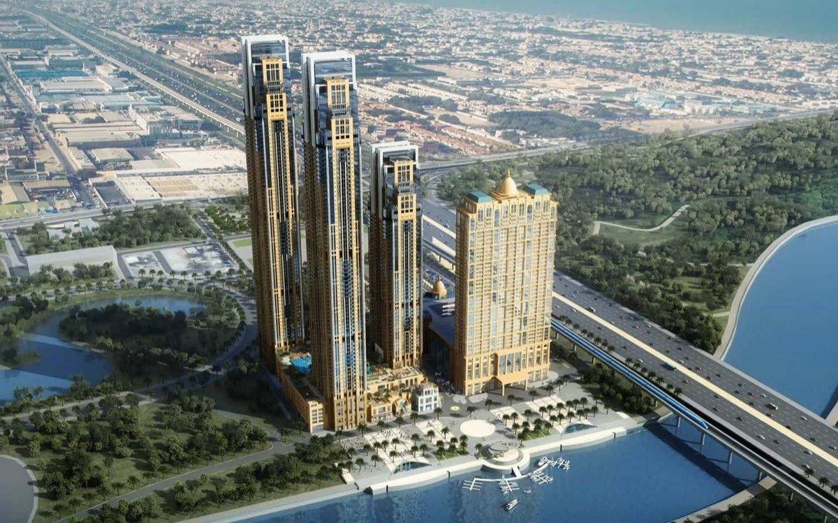 Al Habtoor City, Business Bay, Dubai — the three residential towers including Noora Tower, beside the Dubai Water Canal