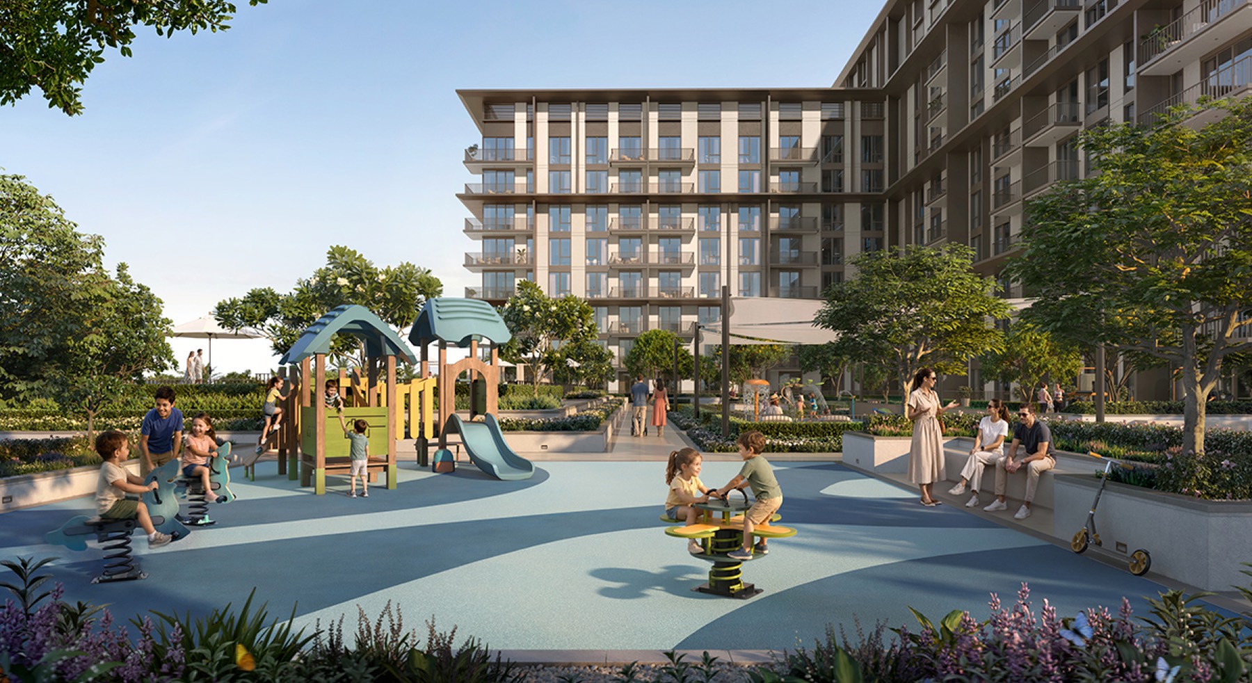 Children play courtyard with the Golf Trails building behind