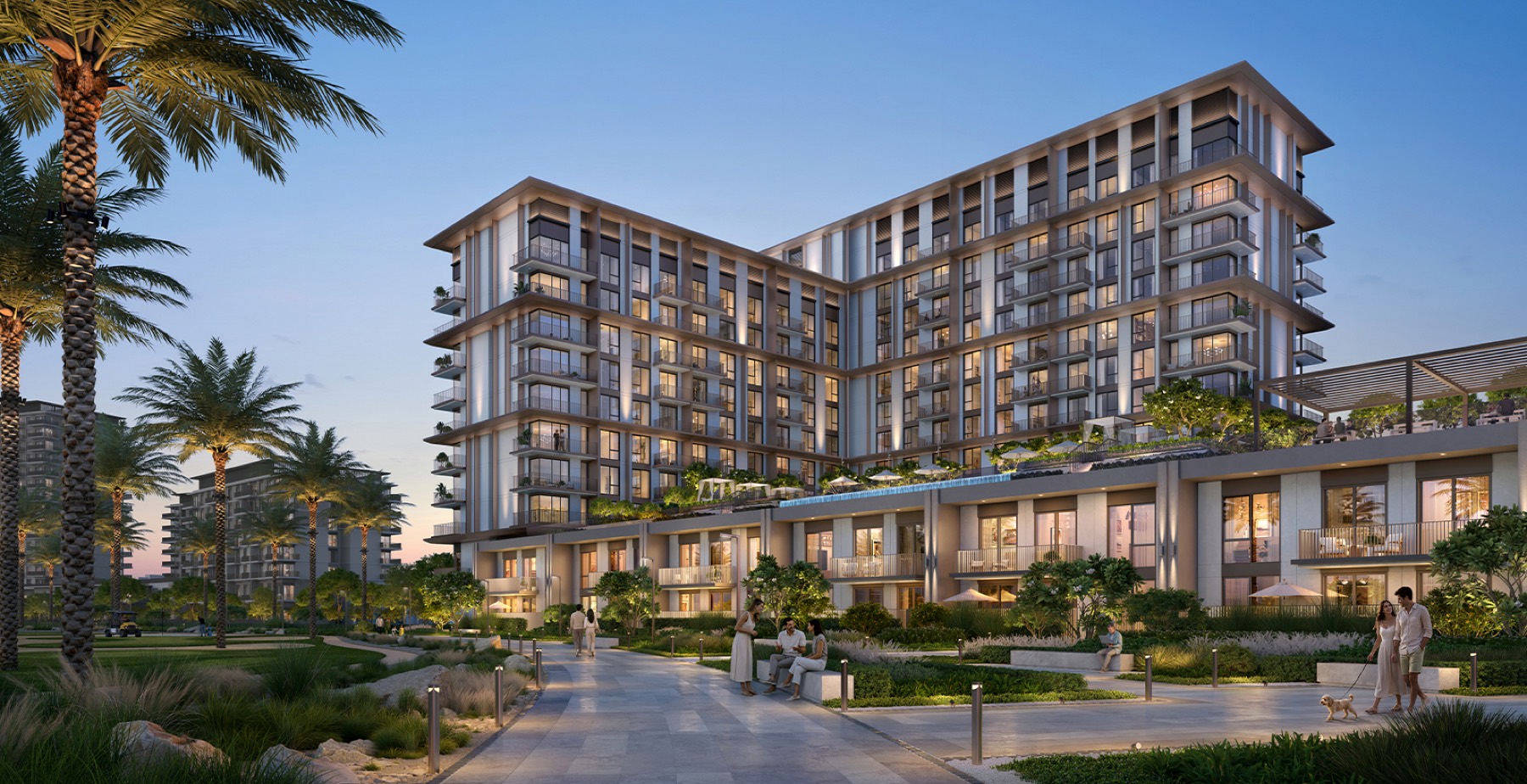 Golf Trails buildings and landscaped golf frontage at dusk