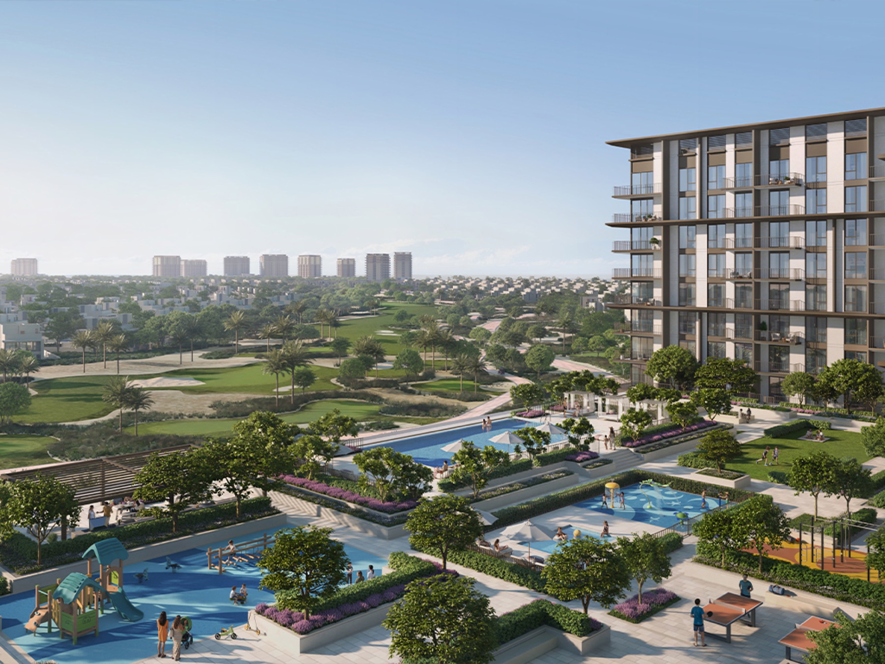 Aerial view of Emaar South with the golf course and community