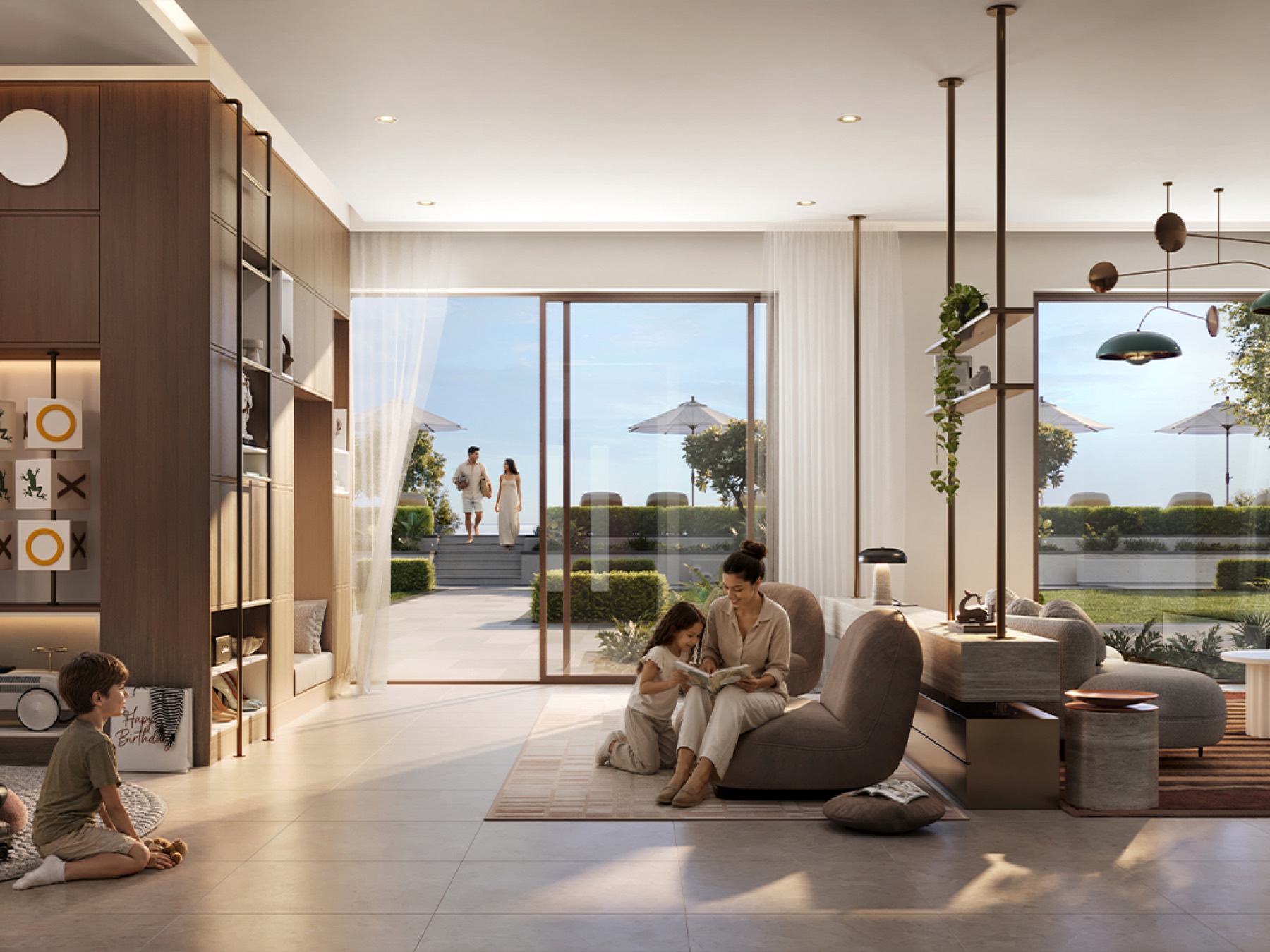 Open-plan living room with floor-to-ceiling glazing onto golf views