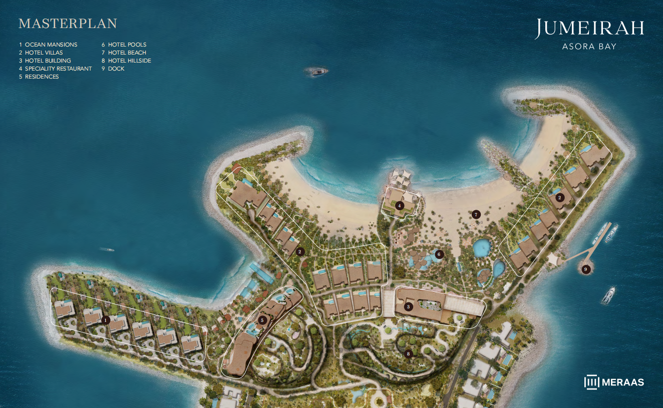 Jumeirah Asora Bay masterplan — Ocean Mansions, residences, beach and lagoon on the peninsula