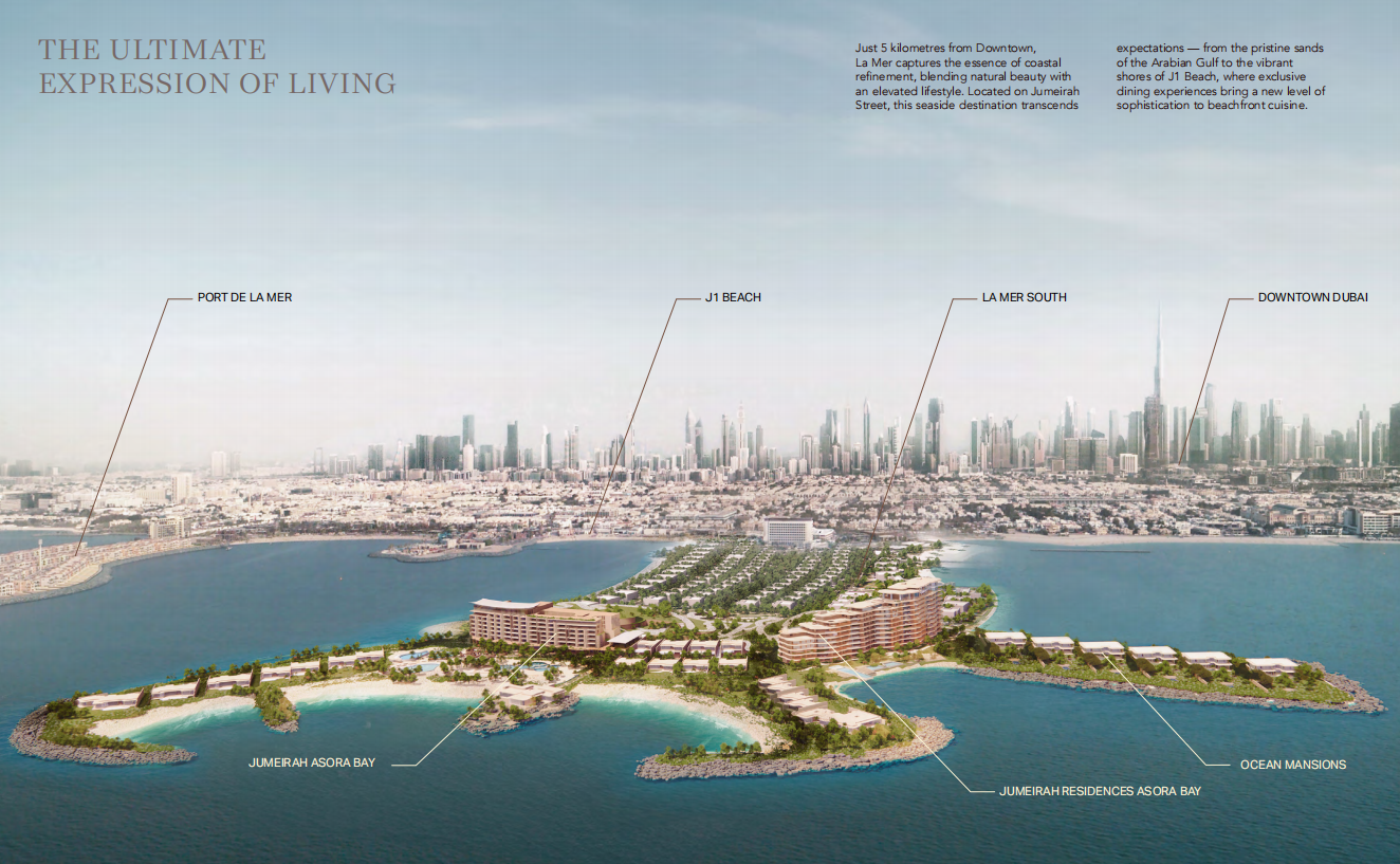 Aerial view of Jumeirah Asora Bay on the La Mer Peninsula with J1 Beach, Port de La Mer and the Downtown Dubai skyline