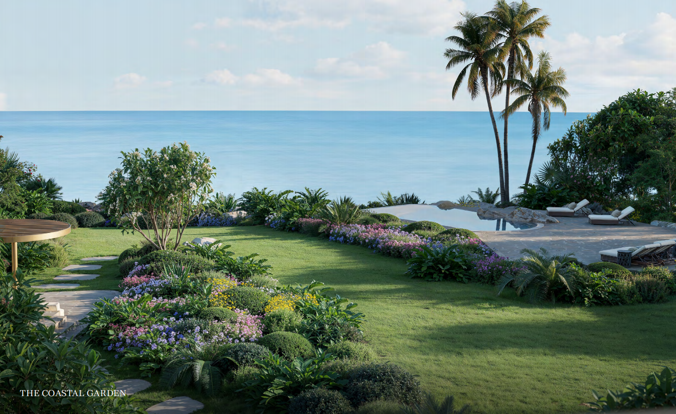 The coastal garden and pool deck above the sea at Asora Bay