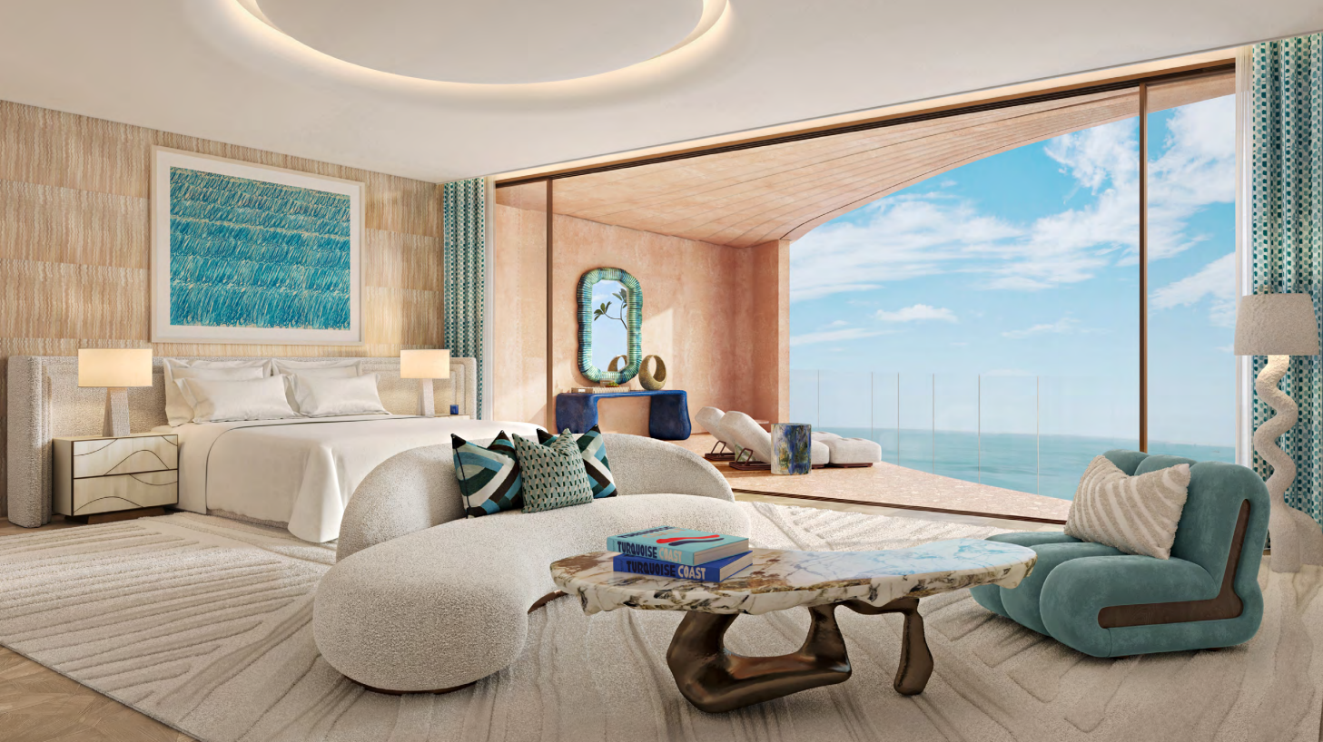 Master bedroom with panoramic ocean view at Jumeirah Asora Bay