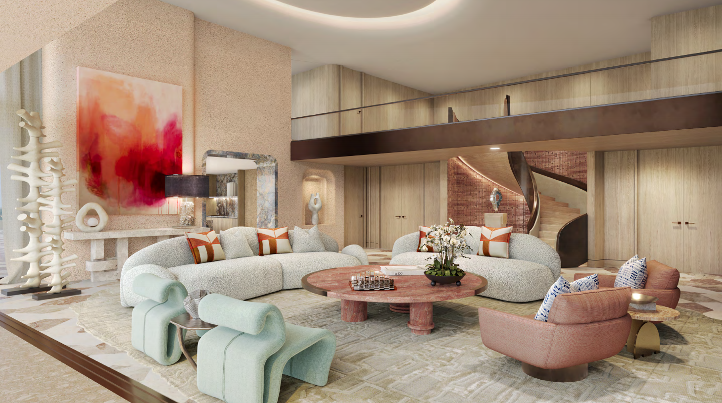 Double-height penthouse living room with sculptural staircase