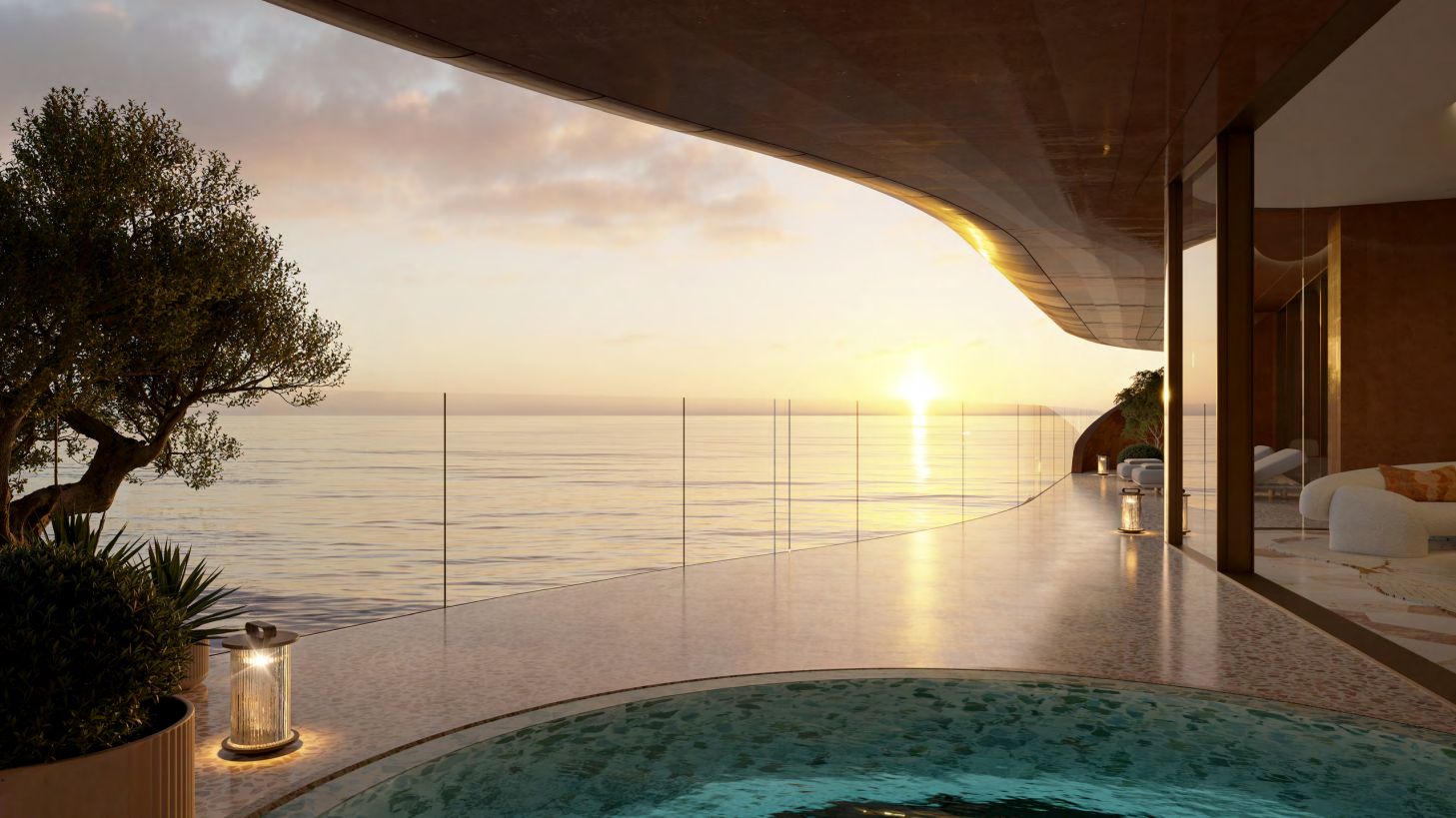 Private terrace pool of a Jumeirah Asora Bay residence at sunset over the Arabian Gulf
