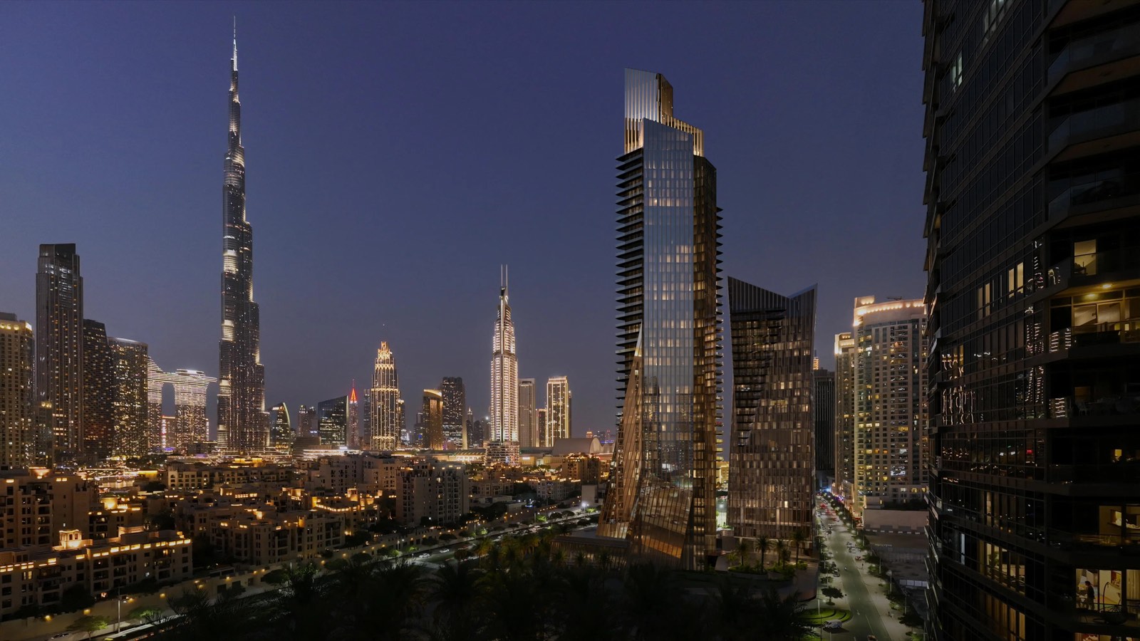Baccarat Hotel & Residences by H&H Development — the two towers lit at dusk with Burj Khalifa and the Downtown Dubai skyline behind, developer render