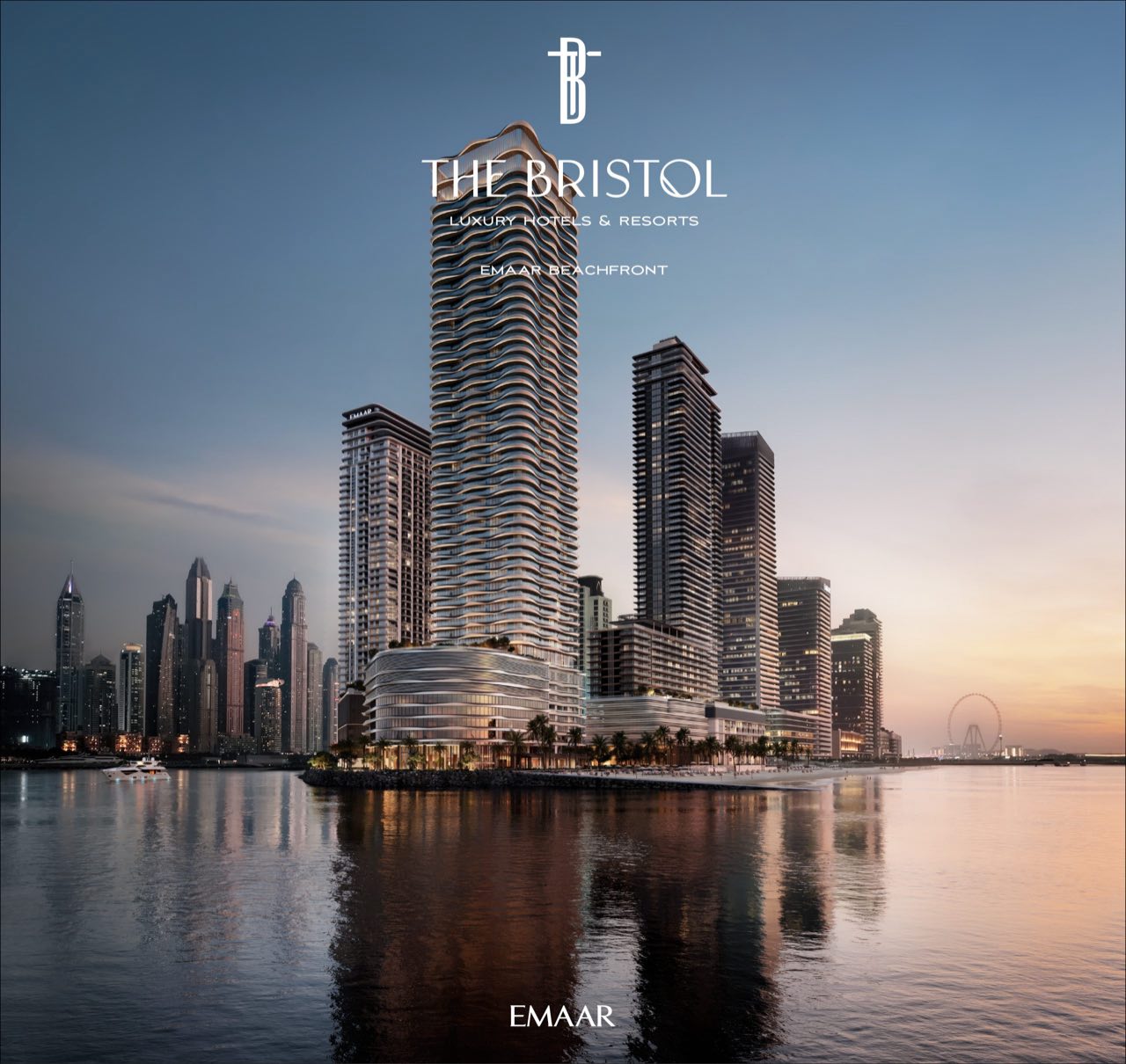 The Bristol tower at Emaar Beachfront at dusk over the water