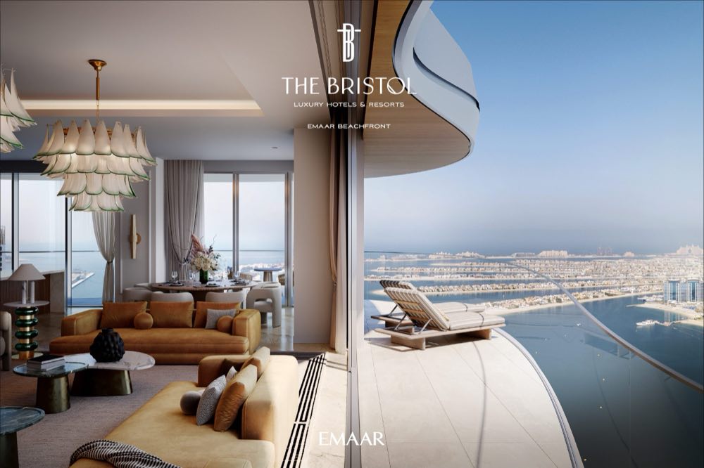 The Bristol living room with Palm Jumeirah view