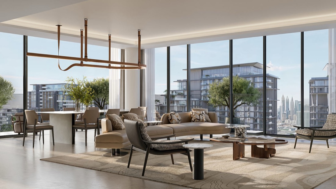 Crestlane living room with floor-to-ceiling views of City Walk