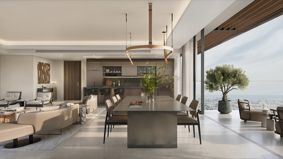 Open kitchen and dining area