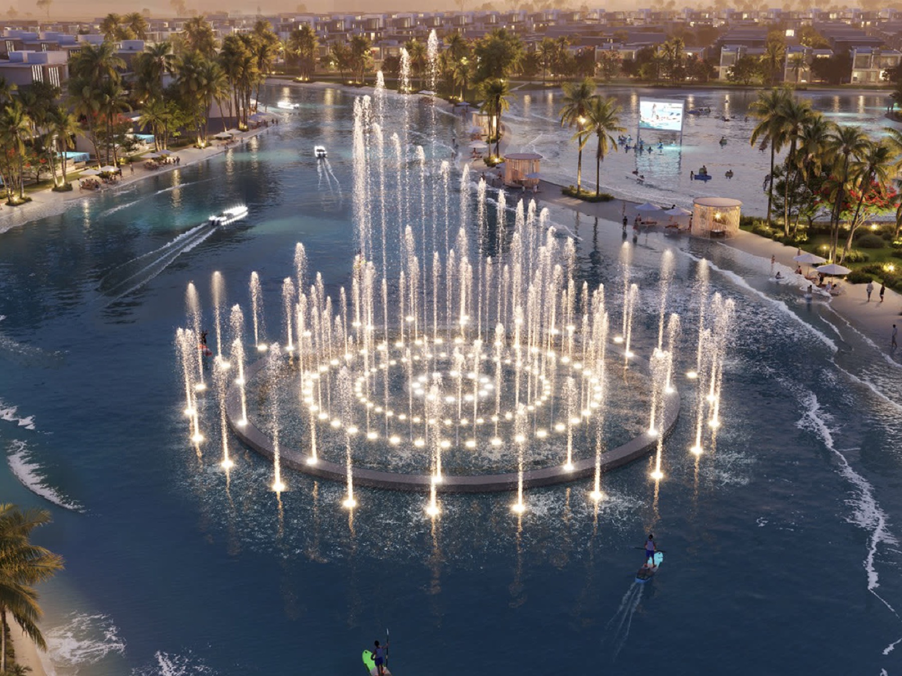 Central hub dancing fountain at night on the lagoon