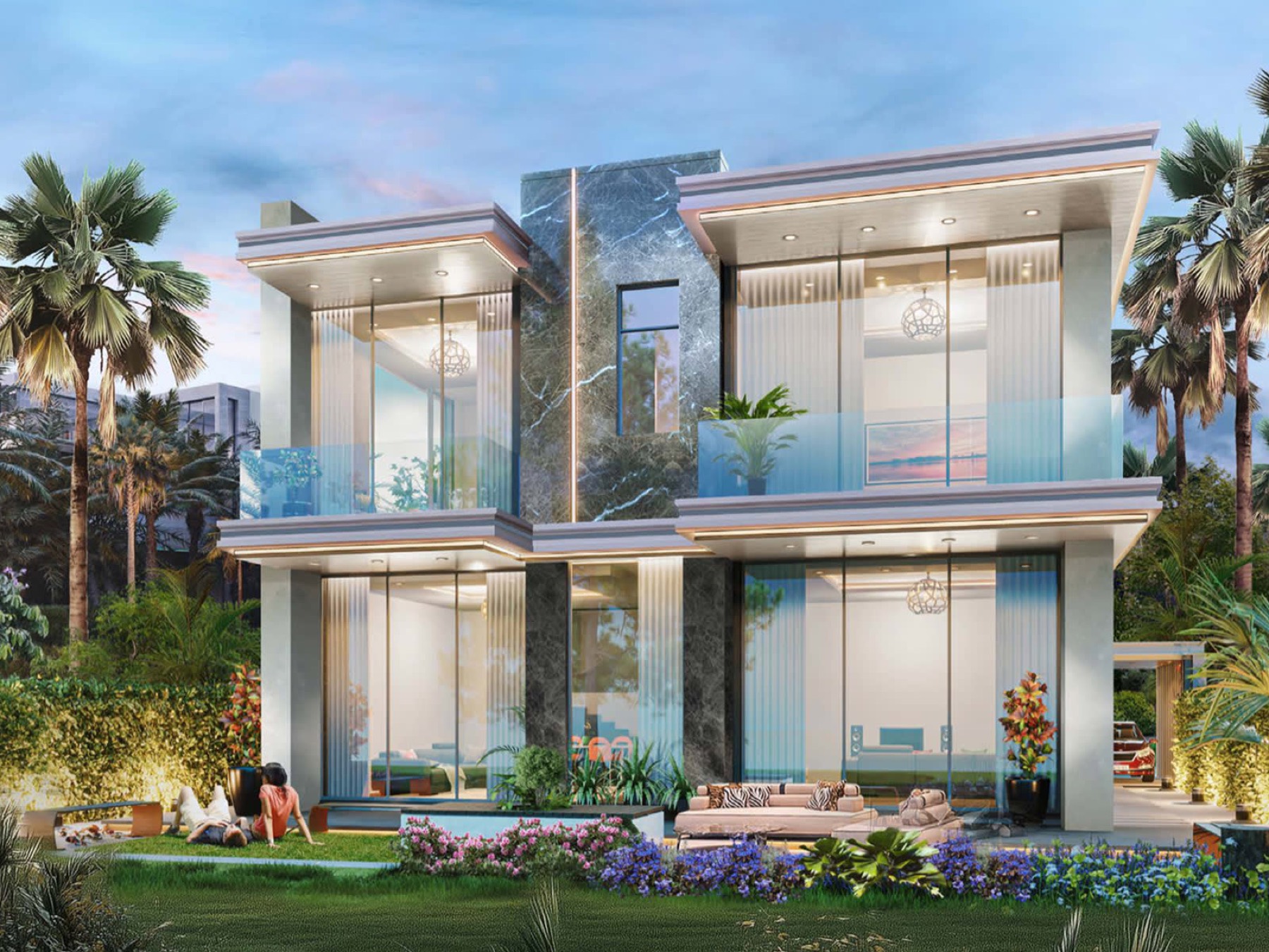 DAMAC Islands 5-bedroom villa exterior at dusk