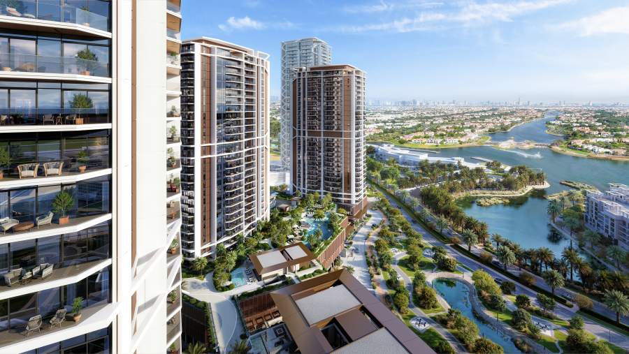 Eltiera Views by Ellington — balcony render looking over the lakes at Jumeirah Islands