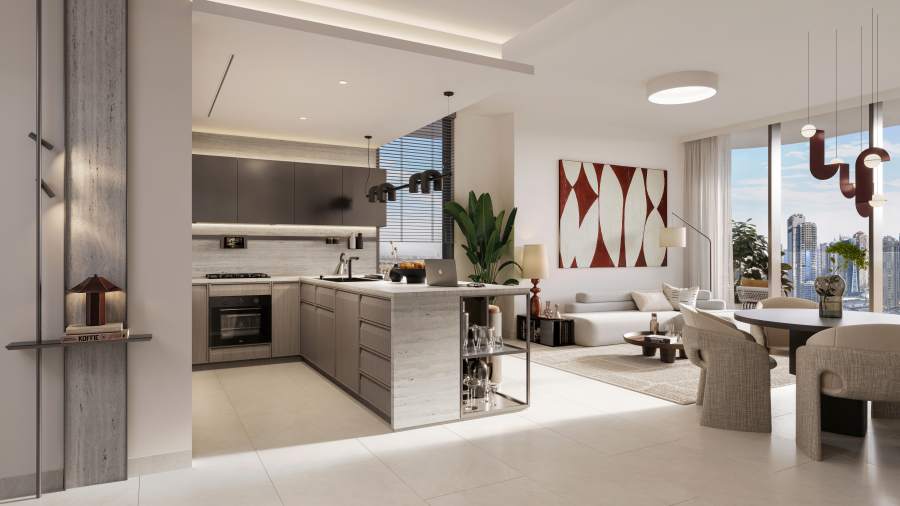 Eltiera Views by Ellington — living and dining room render with lake views