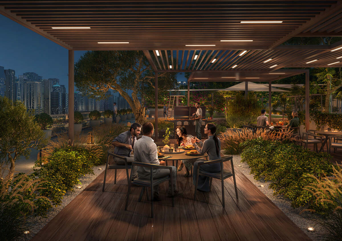 Marina Cove rooftop dining terrace with skyline view