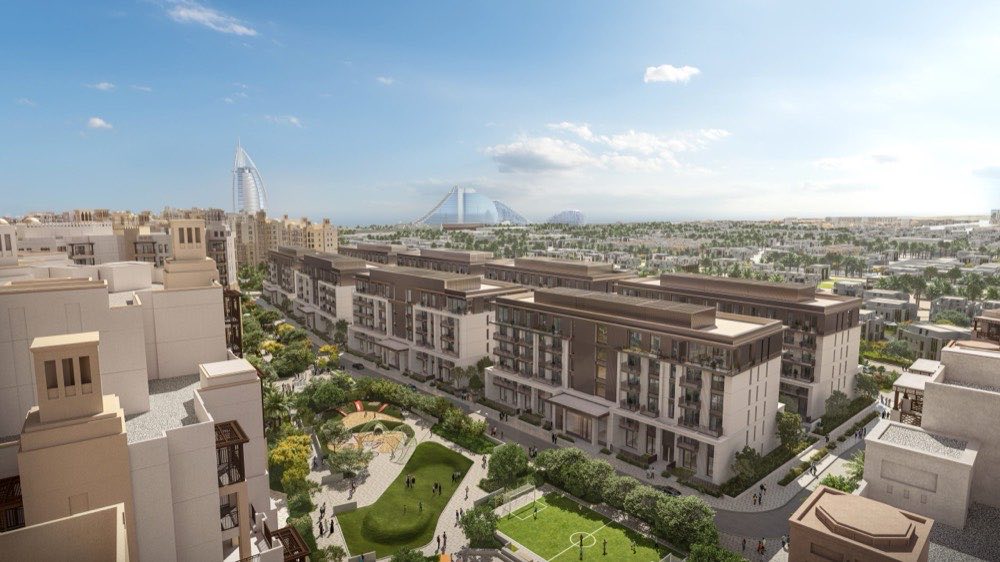 Aerial view of MJL Riwa with Burj Al Arab and Jumeirah Beach Hotel
