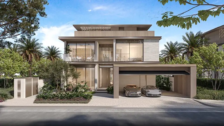 Villa facade with covered carport