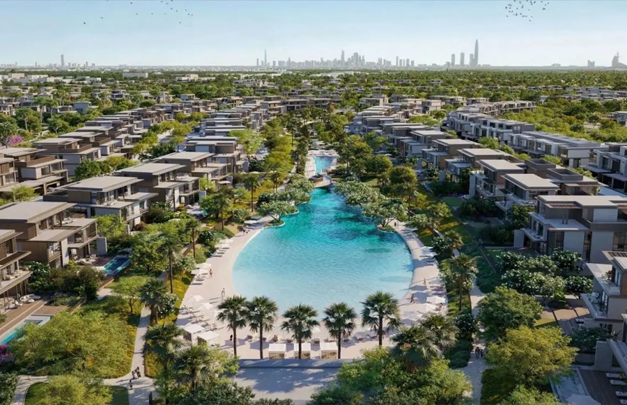 Aerial view of the community lagoon and beach