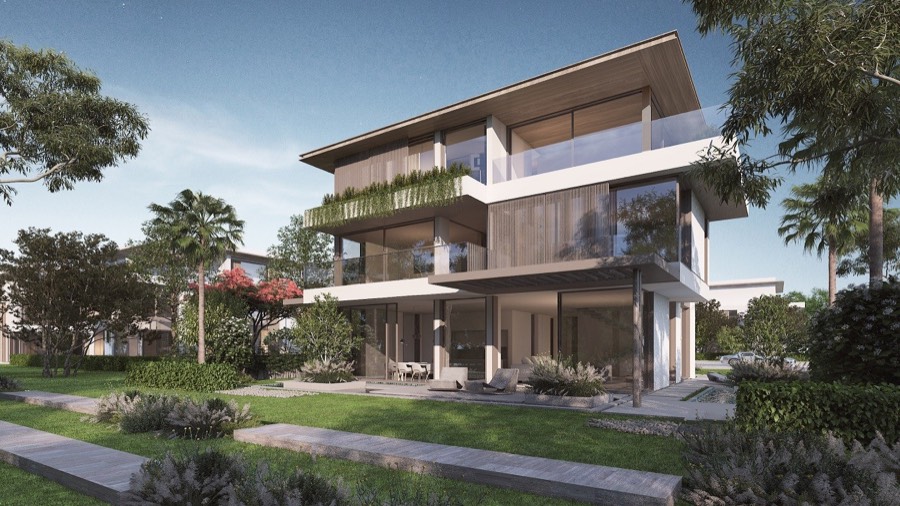 Contemporary villa exterior with landscaped garden