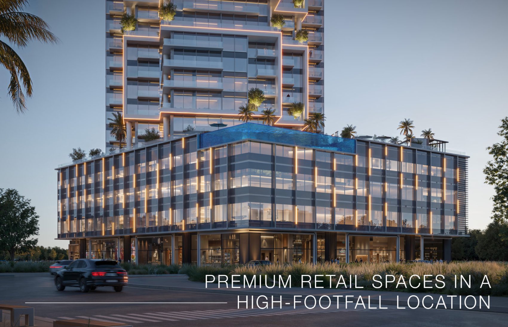 SAMANA Barari Avenue commercial tower with premium retail at street level in Majan, Dubai