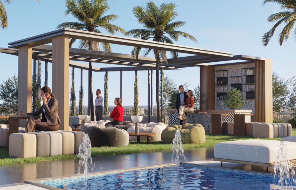 Rooftop lounge and pool deck with palm-lined seating