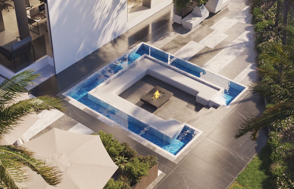 Landscaped water feature and firepit lounge on the podium