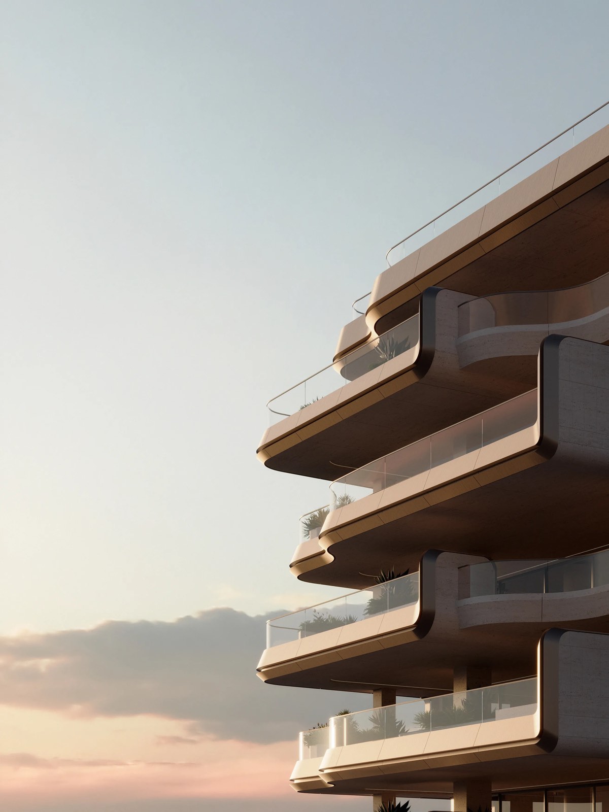 The Alba Residences by OMNIYAT — close view of the curved balcony profiles by Zaha Hadid Architects