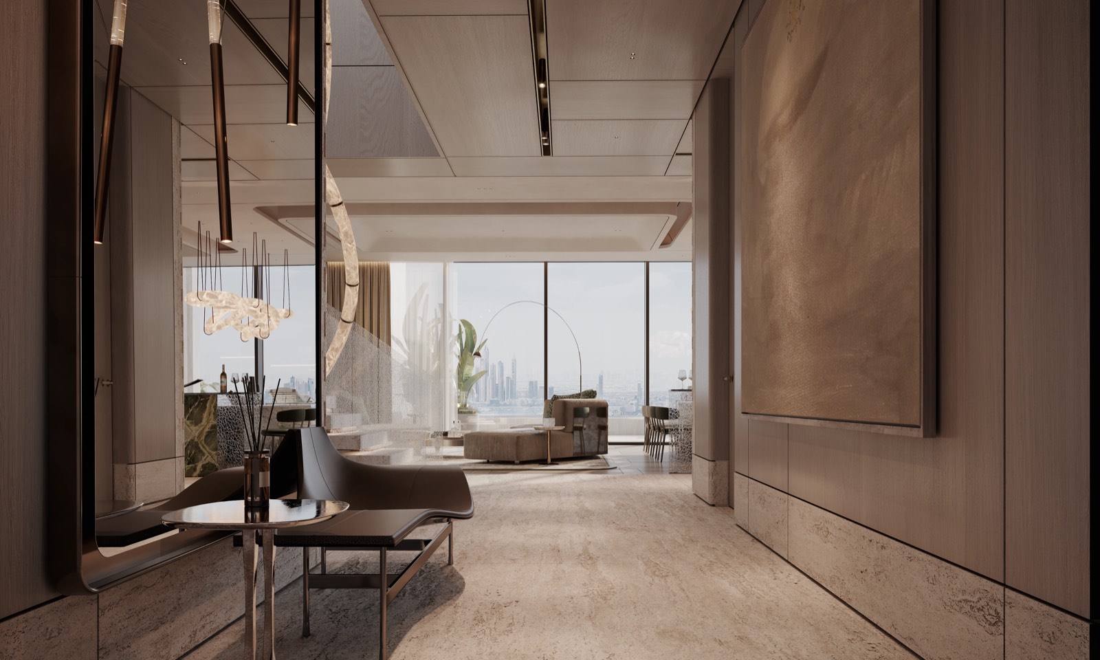 The Alba Residences by OMNIYAT — interior render looking through to a living area with floor-to-ceiling glazing and Dubai skyline views