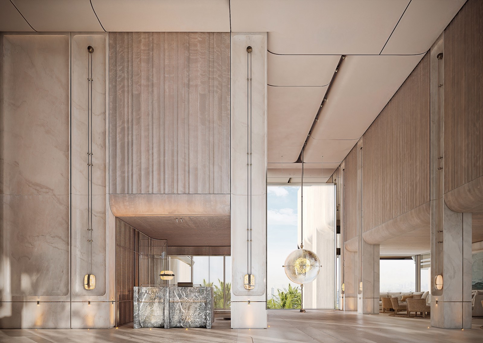 The Alba Residences by OMNIYAT — residents' lobby render with full-height stone and timber panelling and a sculptural reception desk