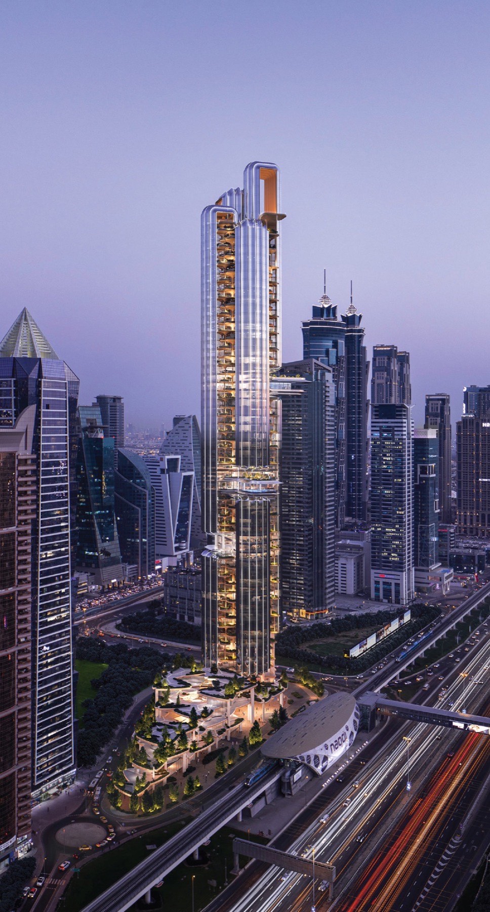 Full height of the LUMENA by OMNIYAT commercial tower on Sheikh Zayed Road, Business Bay