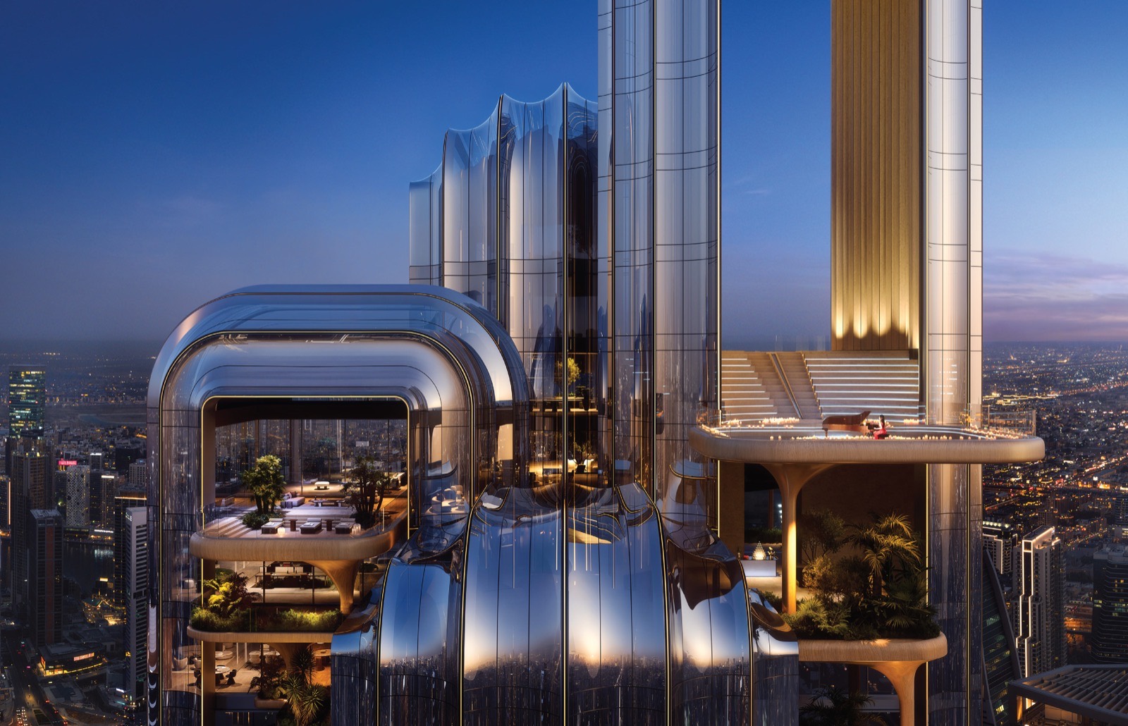 Crown and landscaped sky gardens of LUMENA by OMNIYAT at dusk
