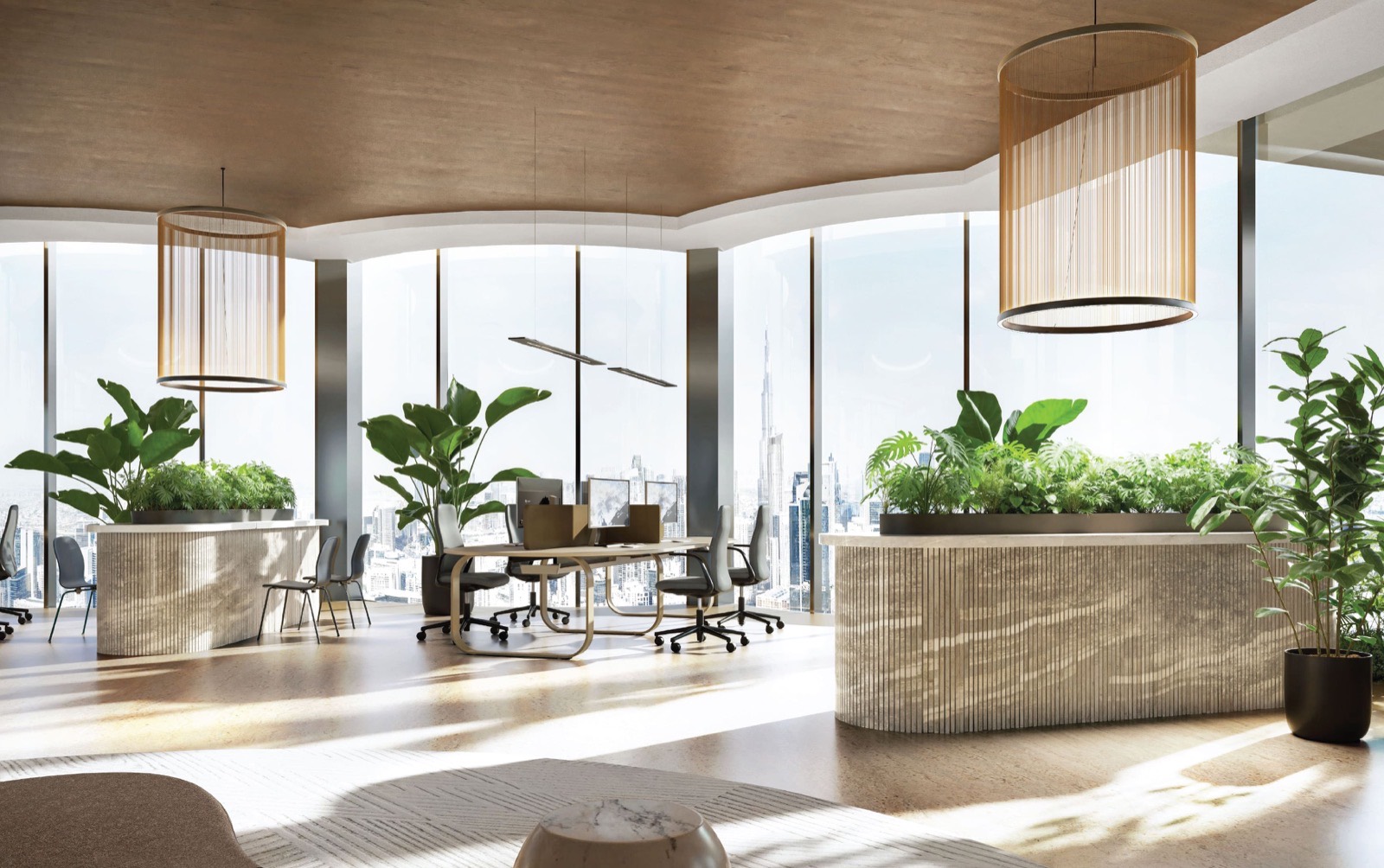Fitted-out office interior at LUMENA by OMNIYAT with floor-to-ceiling glazing and Burj Khalifa view