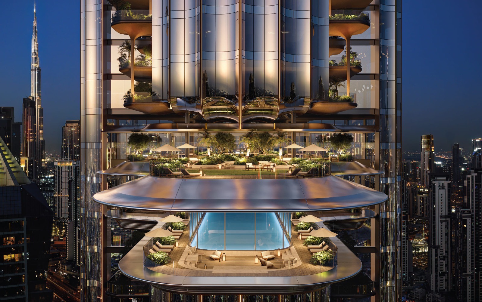 LUMENA by OMNIYAT sky terraces and Sky Pool amenity levels with Burj Khalifa beyond