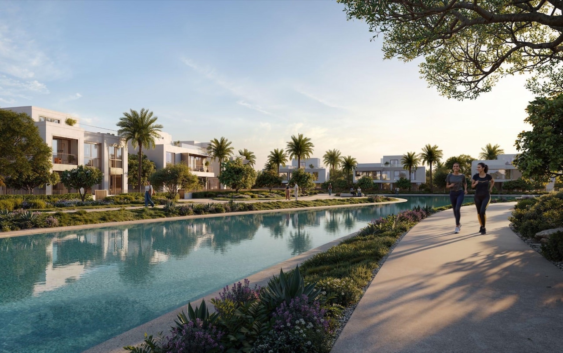 Swimmable lagoon lined with Marèva villas and a walking path