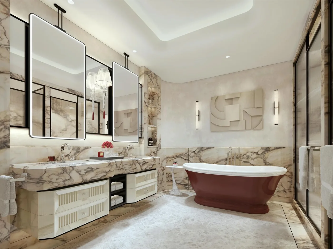 Marble bathroom with a deep red freestanding bath, Baccarat Residences