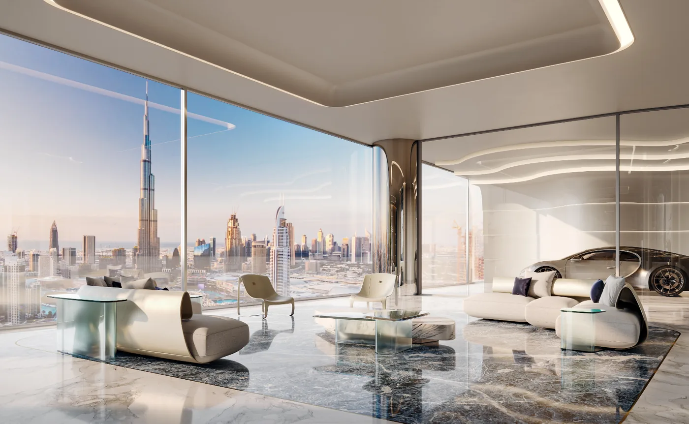 Residence living room with panoramic Burj Khalifa views and a Bugatti hypercar parked inside
