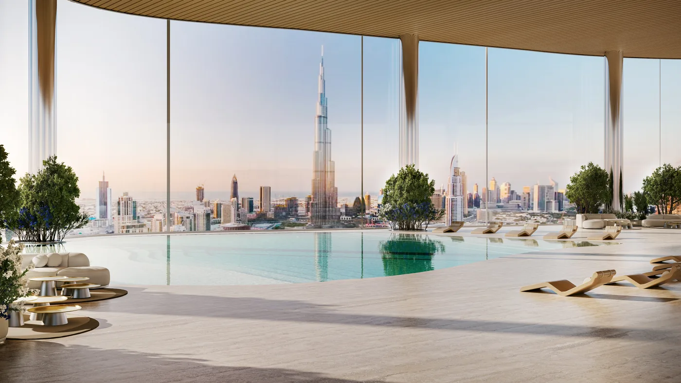 Podium infinity pool, loungers and Dubai skyline at Bugatti Residences