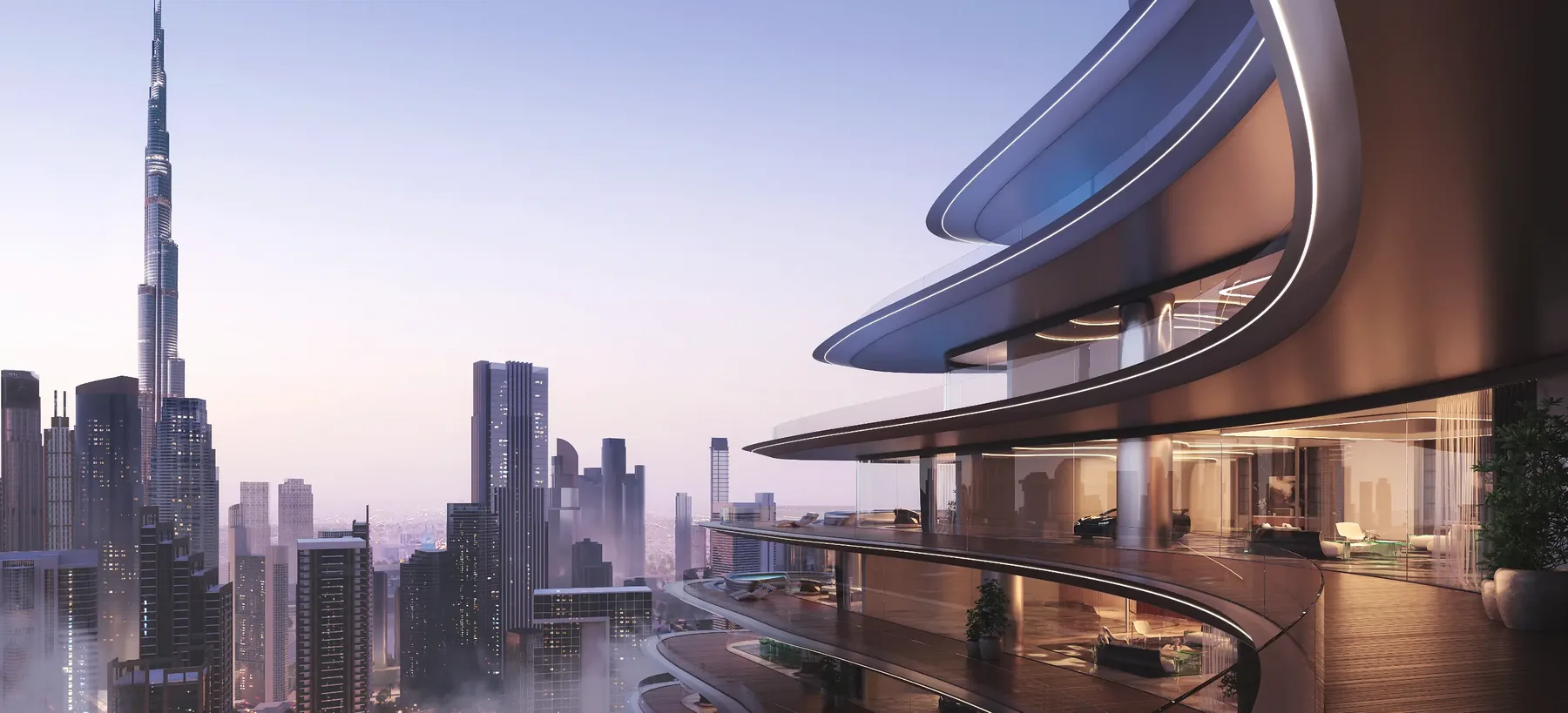 Curved terraces of Bugatti Residences at dusk with the Burj Khalifa and Business Bay skyline