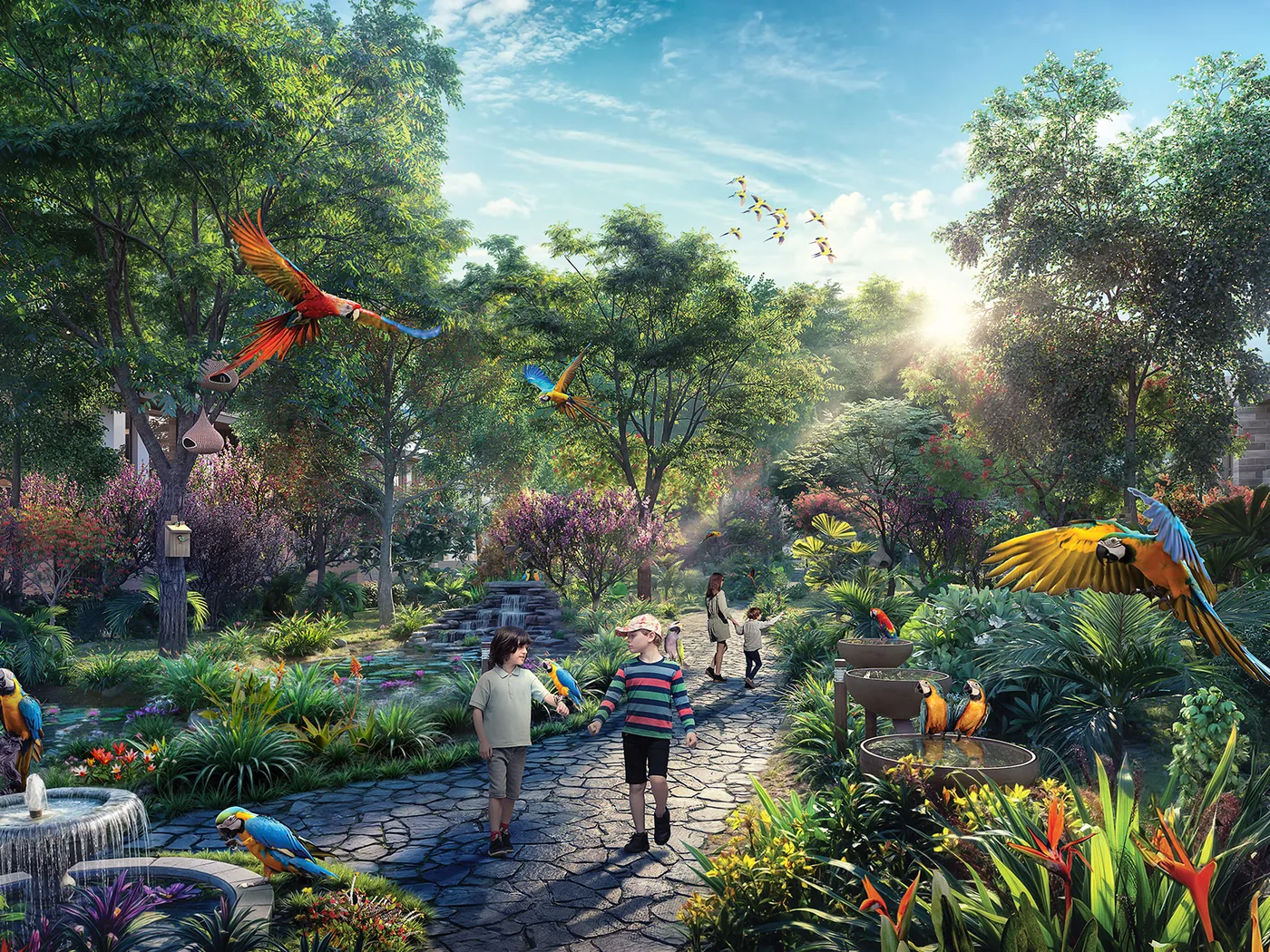 Wildlife park path with parrots at DAMAC Islands, with a family walking