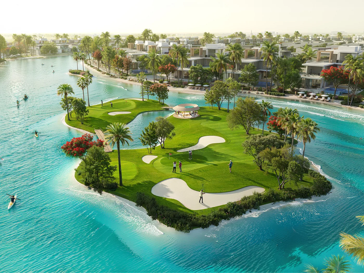 Mini-golf island surrounded by lagoon water and villas, DAMAC Islands
