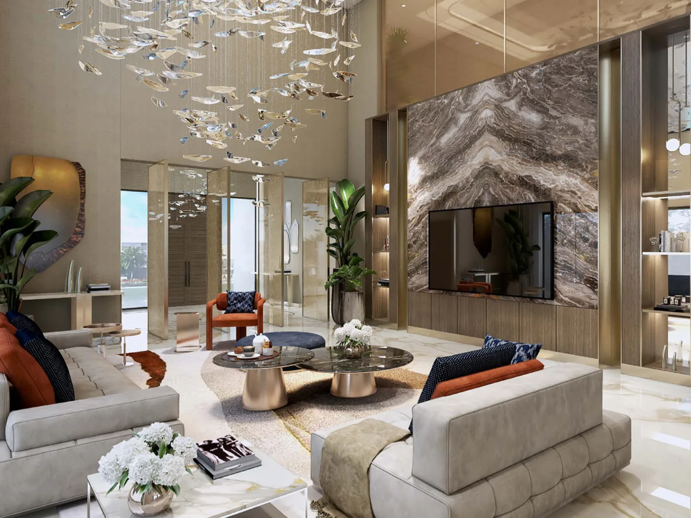 Double-height living room with marble feature wall in a DAMAC Islands villa