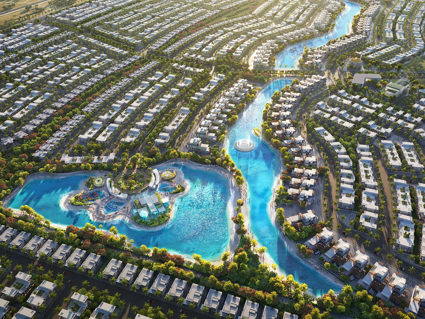 Aerial masterplan view of DAMAC Islands with the lagoon spine running through the community